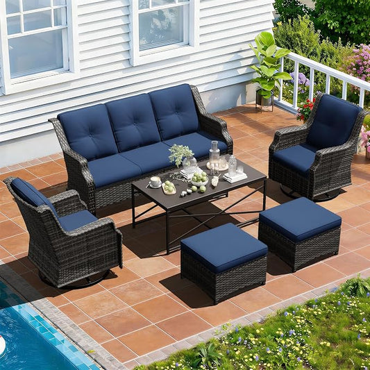 Outdoor Patio Furniture Set, 6 Piece Wicker Patio Furniture with Thick Cushions, Curved Armrest, Deep Seating, Outdoor Swivel Rocker Chairs for Porch, Deck, Balcony