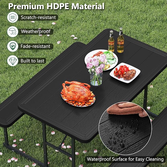 Picnic Table Set for 2-4 People, Umbrella Hole, Heavy-Duty Metal Frame & 2 Benches, HDPE Rectangular Outdoor Dinning Table & Benches for Outside, Patio, Garden, Backyard, Porch (Black)