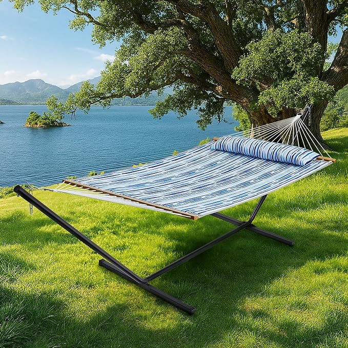 SUPERJARE Hammock with Stand, 2 Person Quilted Outdoor Hammock, Detachable Pillow & Bamboo Spreaders, Portable Hammock with Carrying Bag, Heavy Duty Stand, Perfect for Outside, Patio, Graffiti Blue