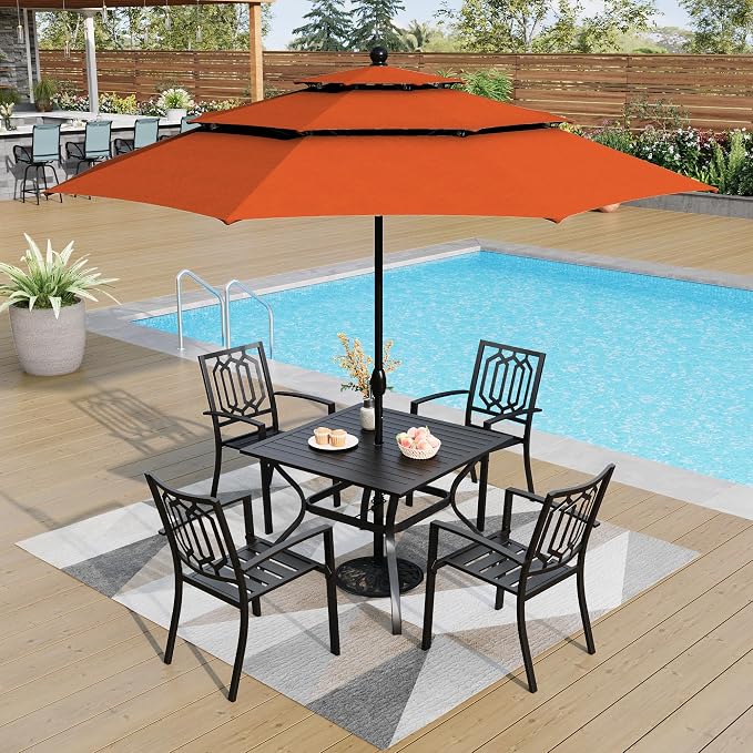 PHI VILLA 5 Pcs Patio Dining Set with Umbrella(Orange Red) | 1 Square Metal Table& 4 Metal Outdoor Stackable Chairs and 1 10ft 3 Tier Auto-tilt Umbrella for Patio, Deck, Yard, Porch
