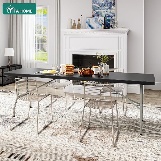 YITAHOME 8FT Heavy Duty Folding Table for Indoors & Outdoors Use, Versatile Rectangle Folding Table with Carrying Handle for Camping, Picnics, Parties, and Events, Black