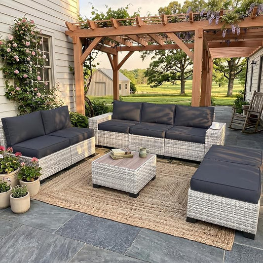 8-Piece Outdoor Patio Furniture Set Wicker Sectional Sofa Set with Ottomans, Patio Conversation Set with Thickened Cushions & Coffee Table for Garden, Backyard, Poolside, Dark Grey