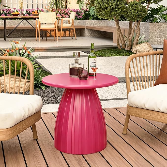 Round Metal Outdoor Patio Side Table, Steel Outdoor Accent Table, Small Patio End Table, for Garden, Pool, Yard, Balcony, Living Room, Deck, Weather Resistant, No Assembly, Pink