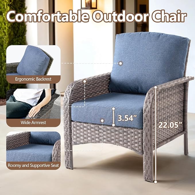 4 PCS Outdoor Patio Furniture Set with Glass Table, All-Weather Rattan Wicker Outdoor Conversation Set with Thickened Cushions for Balcony Backyard Garden Lawn,Blue