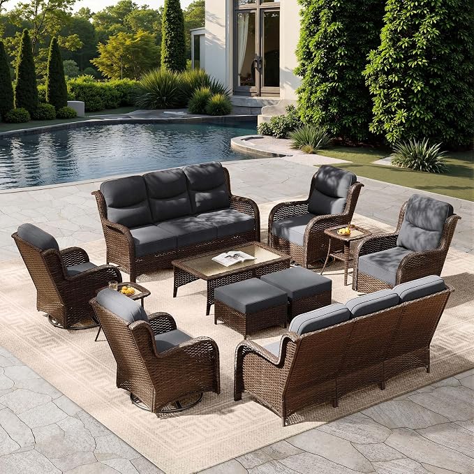 HILLGA Luxury Outdoor Patio Furniture Set with 6-Inch Thick Cushions, High Back Wicker Swivel Rocker Chairs, 11 Pcs All Weather Conversation Set for Large Deck, Yard and Poolside, Gray (V3)