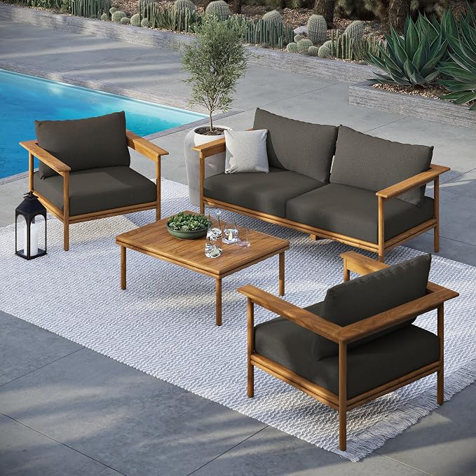 Modway Wren Teak Wood Outdoor Patio 4 Piece Furniture Set in Natural Flint Gray