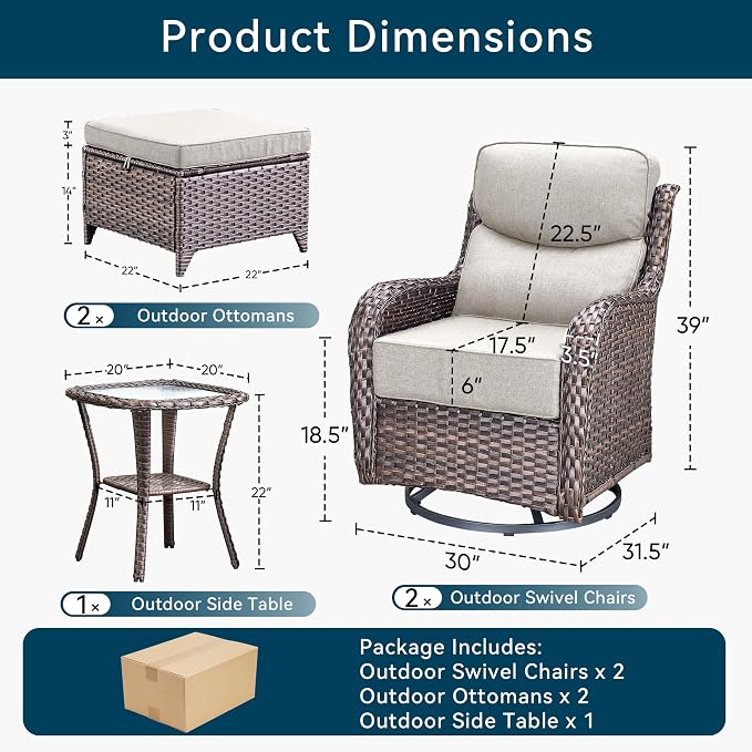 Luxury 5 Pieces Patio Furniture Set-Outdoor Swivel Rocker Patio Chairs with 6" Thick Cushions, Swivel Rocker Chairs with Ottomans & Side Table, Outdoor Conversation Sets for Porch Deck(Brown/Beige)