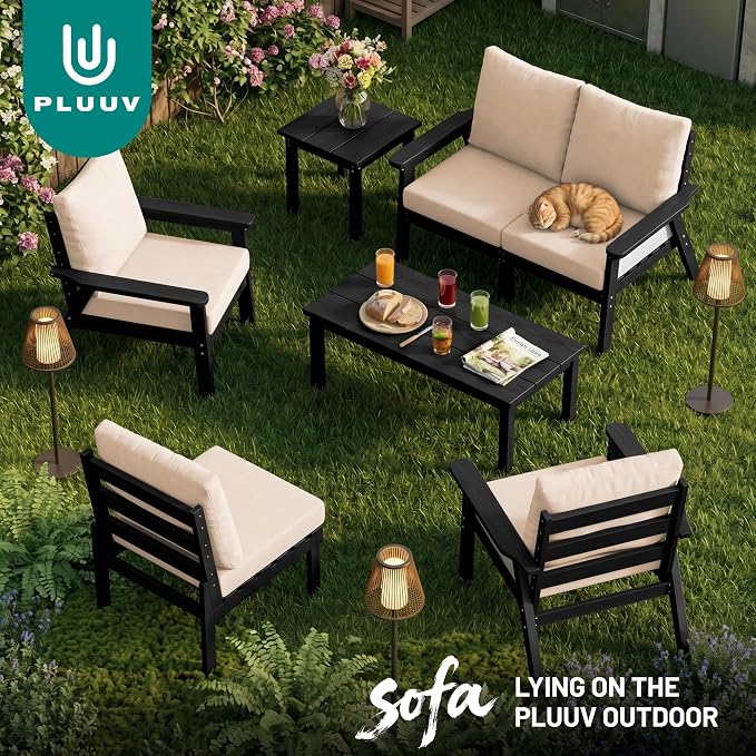 PLUUV 4-Piece HDPE Patio Sofa Set, All-Weather Outdoor Sectional Furniture with Thick Cushions, Modular Couch Set for Deck, Lawn, Black Frame with Khaki Cushion