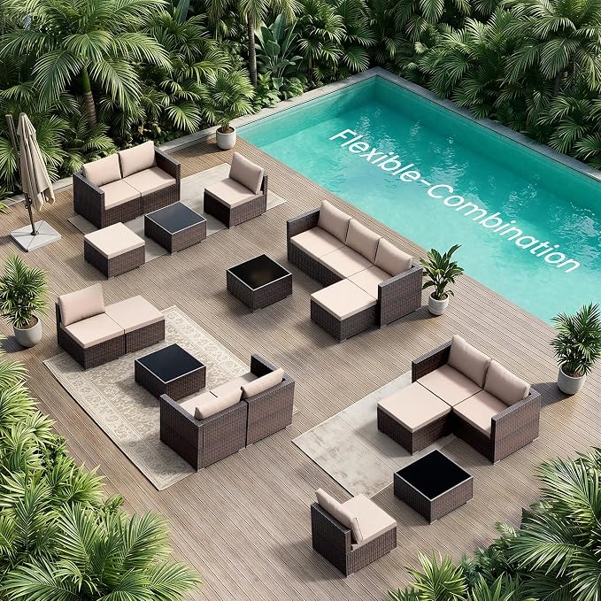 Patio Furniture Set - All-Weather -5 Piece Outdoor Patio Conversation Couch Sets, Modular Wicker Rattan Sectional Sofa for Garden, Patio, Poolside, Backyard, Balcony, Porch,Khaki