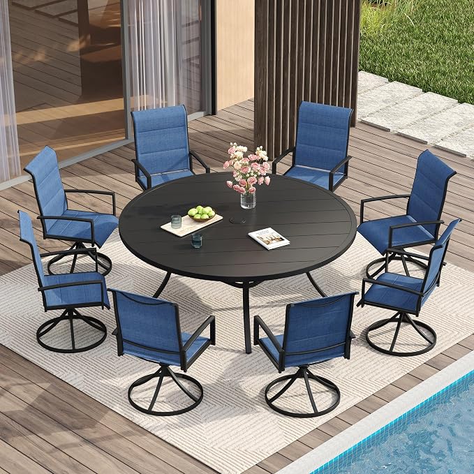VICLLAX Outdoor Dining Set for 8, Outdoor Furniture Includes 60" Round Patio Table and Swivel Padded Chairs, Black Tabletop and Blue Fabric