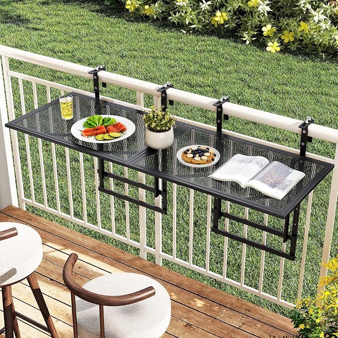 Tangkula Balcony Railing Table, 48" Outdoor Space-Saving Folding Hanging Table with 5-Level Adjustable Height, Metal Frame, Fits Railings Up to 1.5"-3.5" Thick for Patio, Porch, Deck