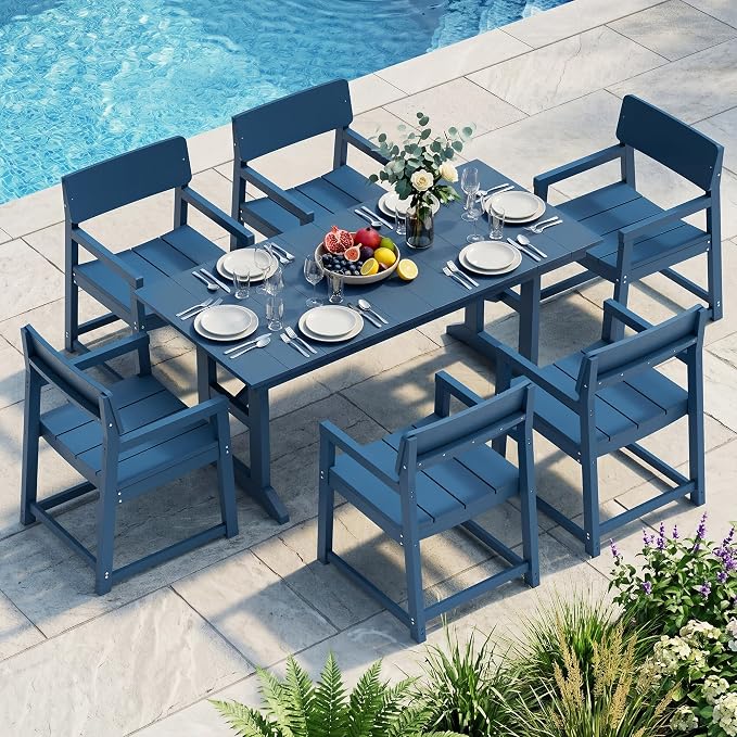 Vongrasig 7 Pieces Patio Dining Set, All Weather Outdoor HDPE Dining Furniture Set with Table and Chairs for 6, Patio Furniture Set with Umbrella Hole for Lawn, Backyard, Poolside, Blue