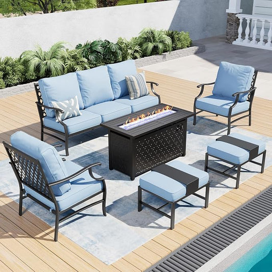 SUNSHINE VALLEY 6 Piece Metal Outdoor Patio Furniture Set with Firepit Table, Patio Conversation Set 1 3-seater Sofa, 2 Fixed Chair, 2 Ottomans with 5.75" Thick Cushion, Black Backyard Furniture, Blue