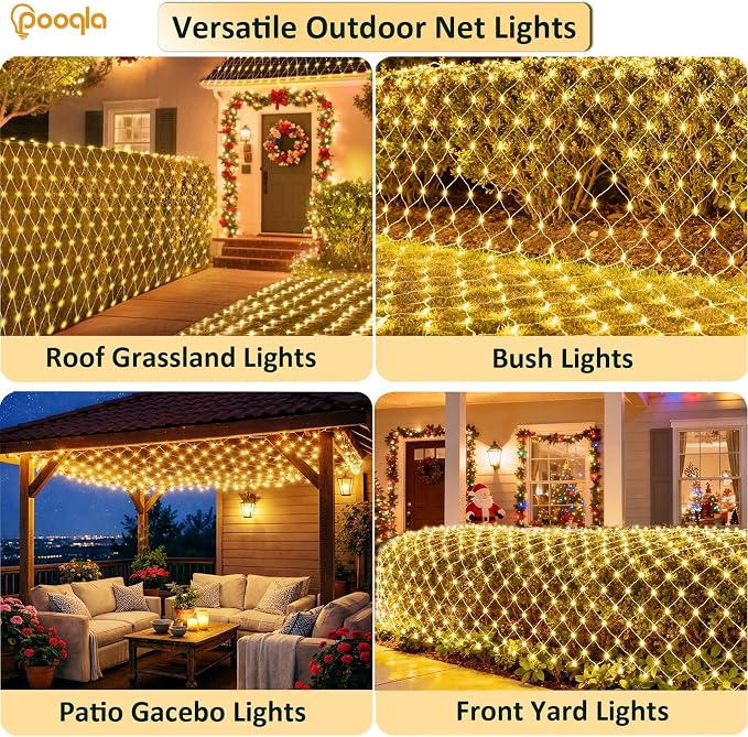 Pooqla Warm White Net Lights, 15x 5ft Christmas Lights Outdoor Green Wire | 300 LED Large Net Mesh Lights Plug in, 8 Modes Waterproof Connectable Bushes Lights for Christmas Hedge Yard Decor