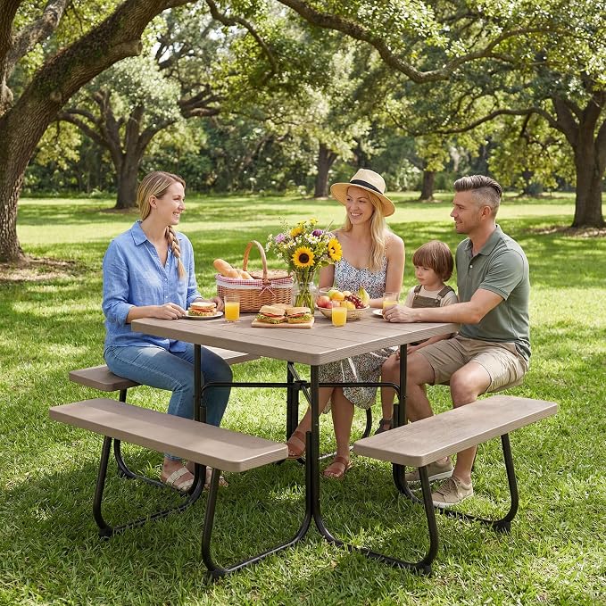 HAPPYGRILL 4-8 Person Square Picnic Table Bench Set with Umbrella Hole, Outdoor Camping Table with HDPE Material and Sturdy Metal Frame for Patio, Garden and Backyard