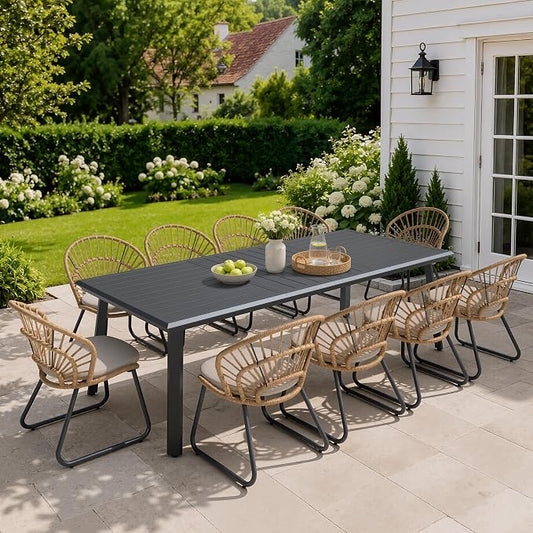 11 Piece Aluminum Patio Dining Set with Rattan Outdoor Chairs | 94" Large Rectangle Dining Table with Umbrella Hole, 10 Shell Shaped Side Chairs with Beige Cushions for Backyard Garden Deck