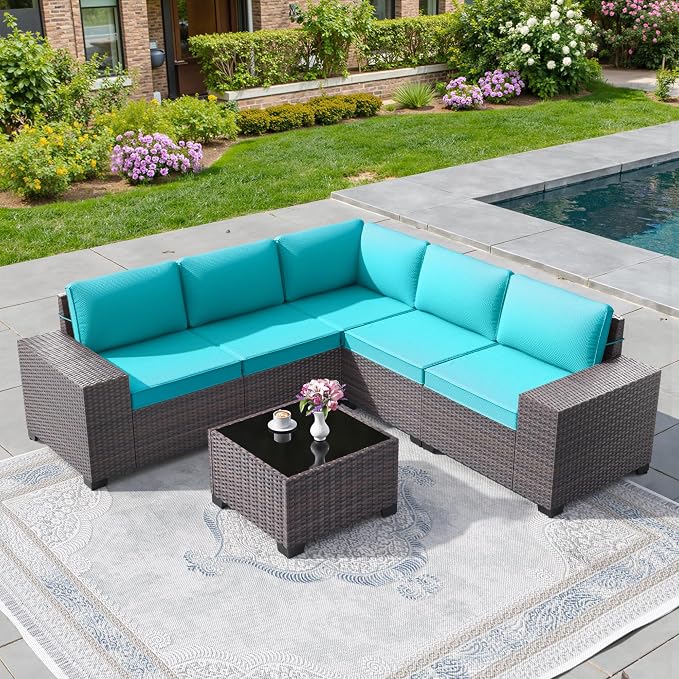 6 PCS Outdoor Patio Furniture Set,Outdoor Sectional Furniture All Weather PE Rattan Wicker Patio Conversation Set with Coffee Table and 5 Thickened Cushions,Turquoise Blue