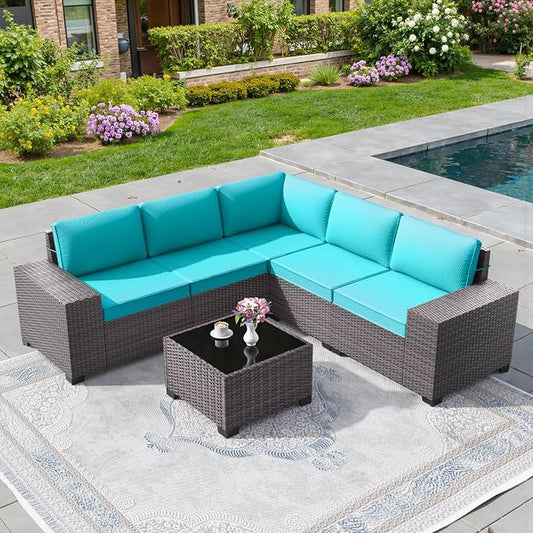 6 PCS Outdoor Patio Furniture Set,Outdoor Sectional Furniture All Weather PE Rattan Wicker Patio Conversation Set with Coffee Table and 5 Thickened Cushions,Turquoise Blue