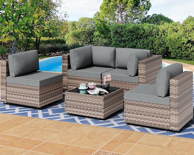 5 Piece Outdoor Patio Furniture Set,Brown PE Rattan Wicker Sectional Sofa, All Weather Conversation Set with Washable Cushions & Glass Coffee Table for Backyard Poolside Garden Porch,Gray