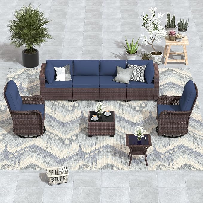 ALAULM 8 Pieces Patio Furniture Set with 2 Swivel Chairs Wicker Patio Conversation Set, Outdoor Sectional Furniture w/Coffee Table & Washable Seat Cushions-Dark Blue