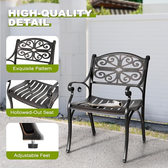 NUU GARDEN 5 Pieces Outdoor Patio Dining Set, 42" Round Cast Aluminum Dining Table with 2.24" Umbrella Hole and All-Weather 4 Outdoor Patio Dining Chairs for Patio, Garden, Backyard, Balcony, Bronze