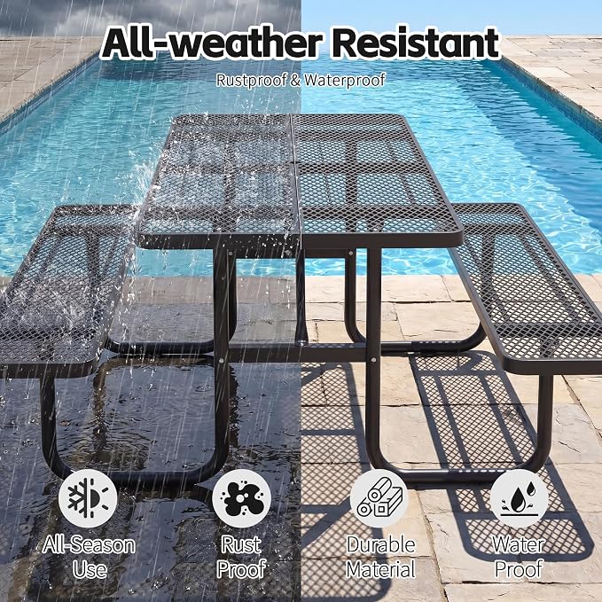 72" Outdoor Rectangular Picnic Table with Umbrella Hole, Heavy Duty Commercial Grade Steel Camping Table for Backyard Patio Deck, Weather-Resistant Black Metal Mesh