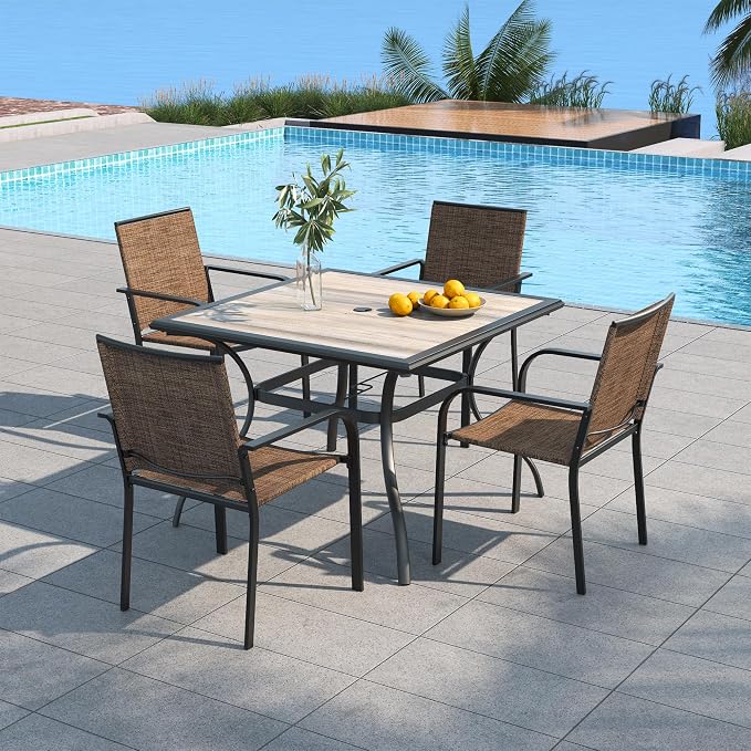 5 Piece Outdoor Patio BrownTan Stackable Chairs and 37" PVC Square Table | Stackable Chairs, Square Table, Table and Chair with Metal Frame, Pvc Table Top, All Weather, Textilene fabric Seat and Back