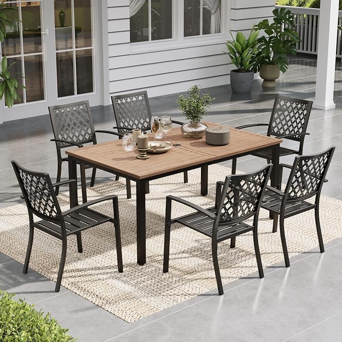 Sophia & William Patio Dining Set Outdoor Table and Chairs 7 Piece Metal Patio Table Furniture Set with Large Rectangular Dining Table for 6 Person and Stackable Outdoor Chairs Support 300LBS (Balck)