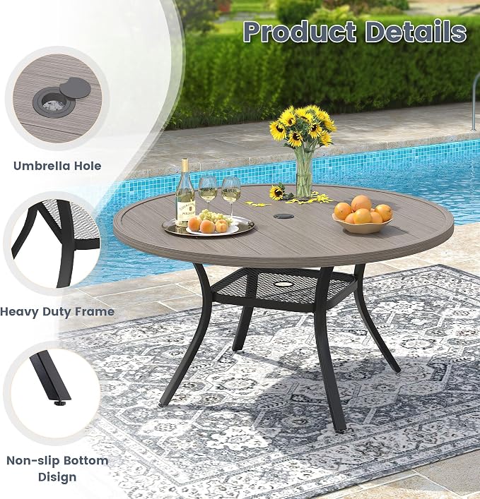 VICLLAX 40.6" Round Metal Outdoor Dining Table for 4, Patio Table with Umbrella Hole and Storage Shelf for Garden, Lawn, Deck, Grey