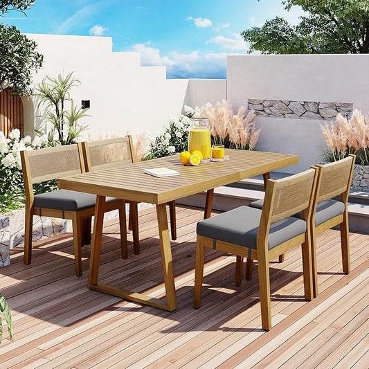 5-Piece Set Acacia Wood Dining Table and Chair Set, ll-Weather Outdoor Conversation Set Gathering Set.Thick Cushions, Suitable for Balcony, Vourtyard, and Garden (Gray@093)