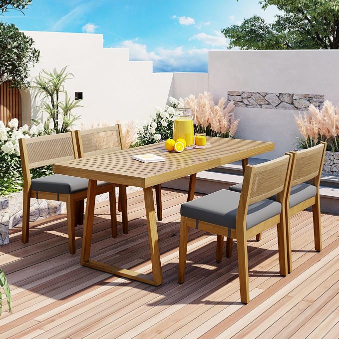 Modern 5 Pieces Patio Dining Table Set, Acacia Wood Dining Table and 4 Chairs,Outdoor Indoor Furniture Set for Garden, Backyard, Balcony (Gray)