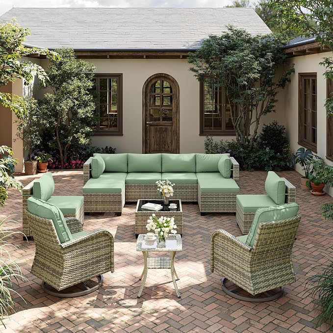 12-Piece Patio Furniture Set, Outdoor Patio Furniture with Swivel Chairs Set, Ottomans, Modular Patio Sofa, Dual-Strand Rattan, Rust-Resistant Frame, Light Green