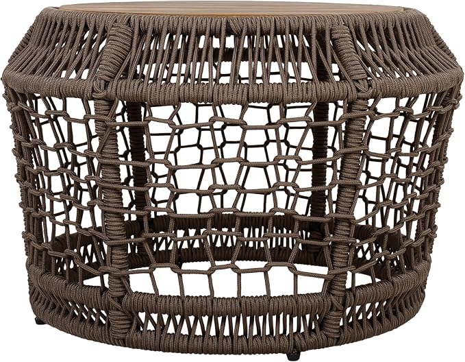 Outdoor Side Table with Grey Rope Frame, Patio Side Tables for Outside, Round Acacia Wood Outdoor End Table for Poolside Backyard Gazebo,No Assembly Required