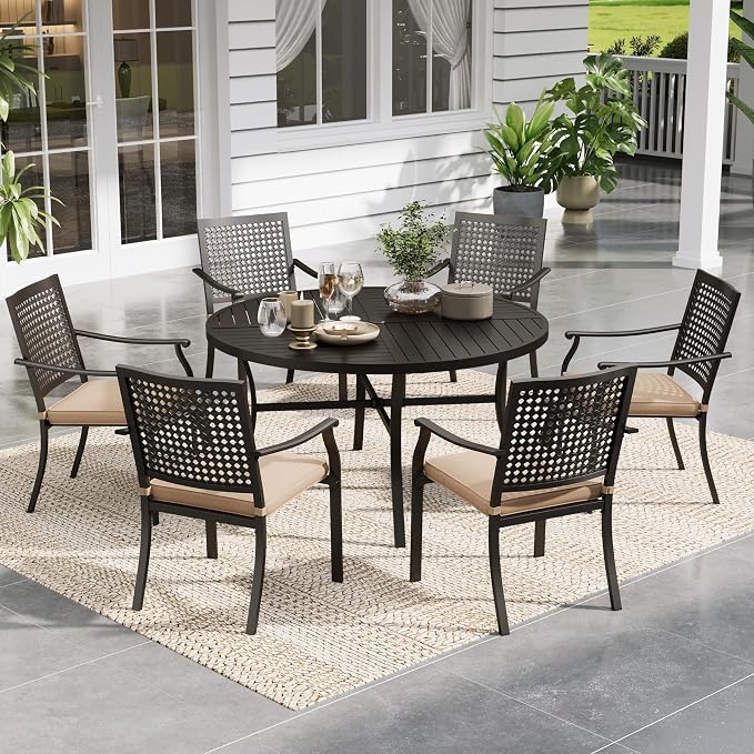 Sophia & William 7 Pieces Outdoor Round Dining Set for 6 | 54" Metal Table with Umbrella Hole & Stackable Chairs with Cushions, Modern Furniture Set for Patio, Deck, Yard, Porch