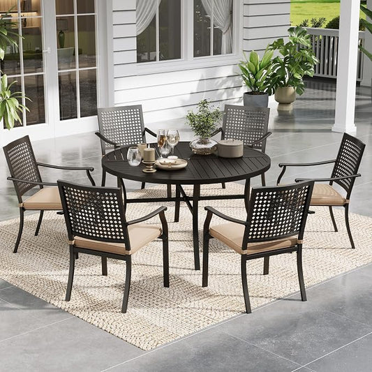 Sophia & William 7 Pieces Outdoor Round Dining Set for 6 | 54" Metal Table with Umbrella Hole & Stackable Chairs with Cushions, Modern Furniture Set for Patio, Deck, Yard, Porch