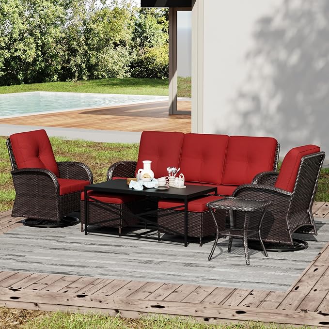 Joyside Wicker Patio Furniture Set, 7 Piece Outdoor Furniture Set with Thickened Cushions, High Back, Deep Seating, Wide Armrest, Outdoor Swivel Rocker Chairs for Porch, Deck