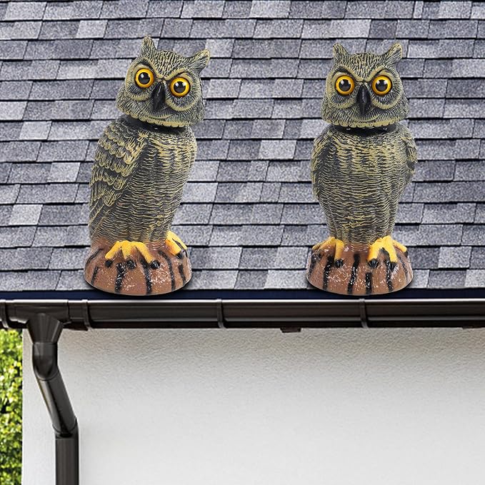 Hausse 2 Pack Bird Scarecrow Fake Owl Decoy Sculpture, 10.6 Inch Height Golden Rotating Head Plastic Owl Bird Deterrents, Nature Enemy Horned Pest Repellent for Outdoor Garden Yard