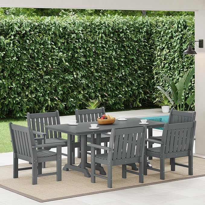 Costaelm Rectangle Outdoor Dining Tables, 71'' Patio Table with Umbrella Hole for 6 Person, Balcony Outdoor Buffet Table, Porch Tables for Outside Lawn Porch Bistro Furniture, Gray