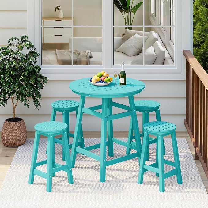Costaelm Patio Bistro Table, 37" Counter Height Round Patio Cocktail Bar Table with Umbrella Hole, Outdoor Bistro Dining Pub Table for Front Porch Deck Backyard Garden, Turquoise