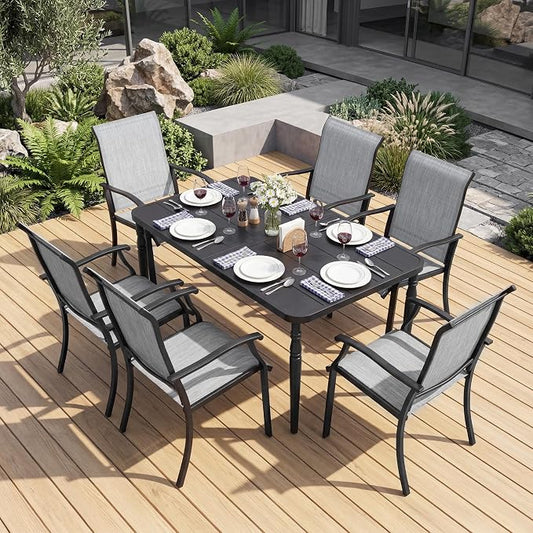 NUU GARDEN 7-Piece Patio Dining Table Set, Outdoor Metal Dining Furniture Set with Umbrella Hole Rectangular Table and 6 Textilene Chairs, Black