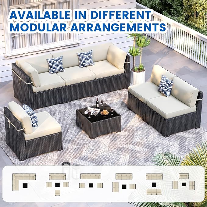 Patio Furniture Sets, 7-Piece Outdoor Patio Furniture with Thick Cushions,Coffee Table Outdoor All-Weather Conversation Set Sectional Sofa for Backyard, Poolside, Garden(Khaki)