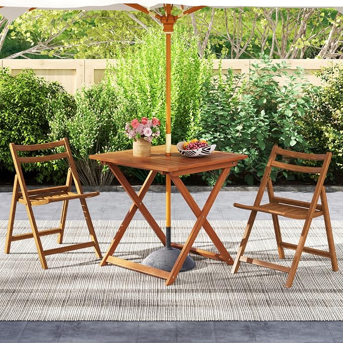 Byroce Outdoor Patio Table, 29.5” x 29.5” Folding Bistro Table with Slatted Tabletop & 2” Umbrella Hole, Solid Wood Outdoor Dining Table, Portable for Backyard, Poolside & Balcony (2, Square)