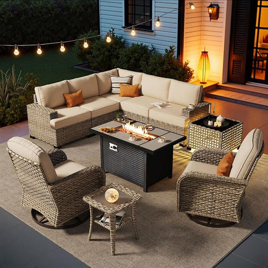HOOOWOOO Sectional Patio Furniture Set with Fire Pit Table,10 Pieces Wicker Outdoor Furniture L Shaped Couch,Outside Conversation Set Extra Deep Seat Sofa Wide Arm Swivel Chair Solar Table,Beige