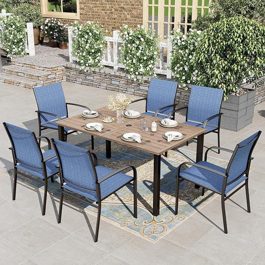 HERA'S HOUSE 7pc Patio Dining Set, Outdoor Wood-Like Metal Table & 6 Chairs | Blue textilene chairs + 60" rectangle table with umbrella hole. Waterproof, rust-resistant, all-weather for deck, garden