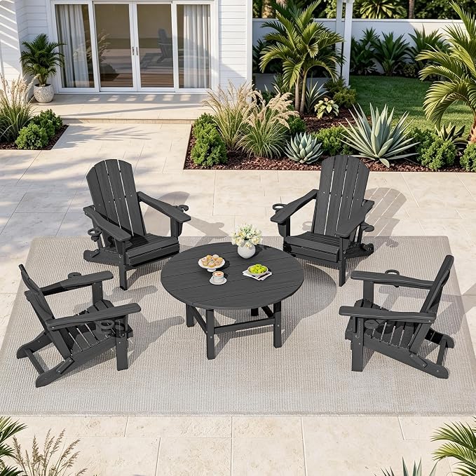 SERWALL 5-Piece Outdoor Furniture Set, Round Coffee Table with Umbrella Hole & Adirondack Chairs with Cup Holders, Grey