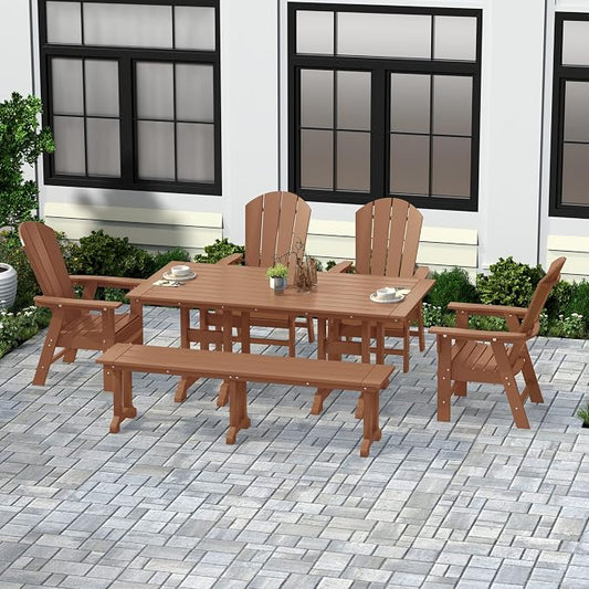 WestinTrends Malibu 6 Piece Adirondack Patio Dining Set with Bench, All Weather Poly Lumber Outdoor Table and Chairs, 71" Trestle Dining Table, 4 Adirondack Chair with Dining Bench, Teak