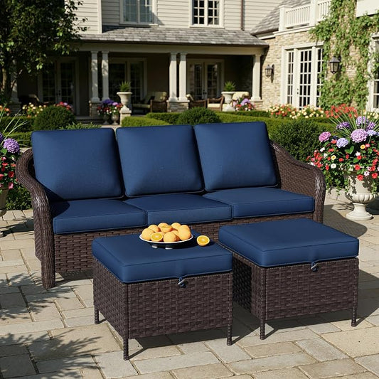 3 Piece Patio Wicker Conversation Set, All-Weather Use Outdoor Wicker Sofa with 2 PE Rattan Ottomans, Ideal for Porch, Backyard, Balcony, Poolside, Blue