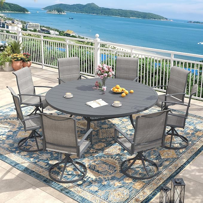 Outdoor Dining Set for 8, 63" Outdoor Dining Table with Umbrella Hole and Padded Textilene Patio Swivel Chairs, 9 Pieces Patio Table and Chairs Set for Garden Backyard, Grey and Dark Grey