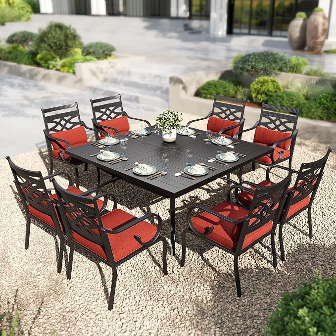 PHI VILLA 9 Piece, Outdoor Dining Set, 57.5" Square Table, Umbrella Hole | Wrought Iron, Iron Chairs, Cushions, Black & Red, Weather-Resistant