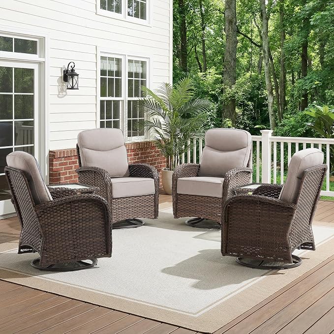HUMMUH 4PCS Outdoor Swivel Rocker Patio Chairs with 6-inch Thick Cushion, Luxury High Back Patio Furniture Set,Wicker Conversation Set for Deck Yard and Poolside